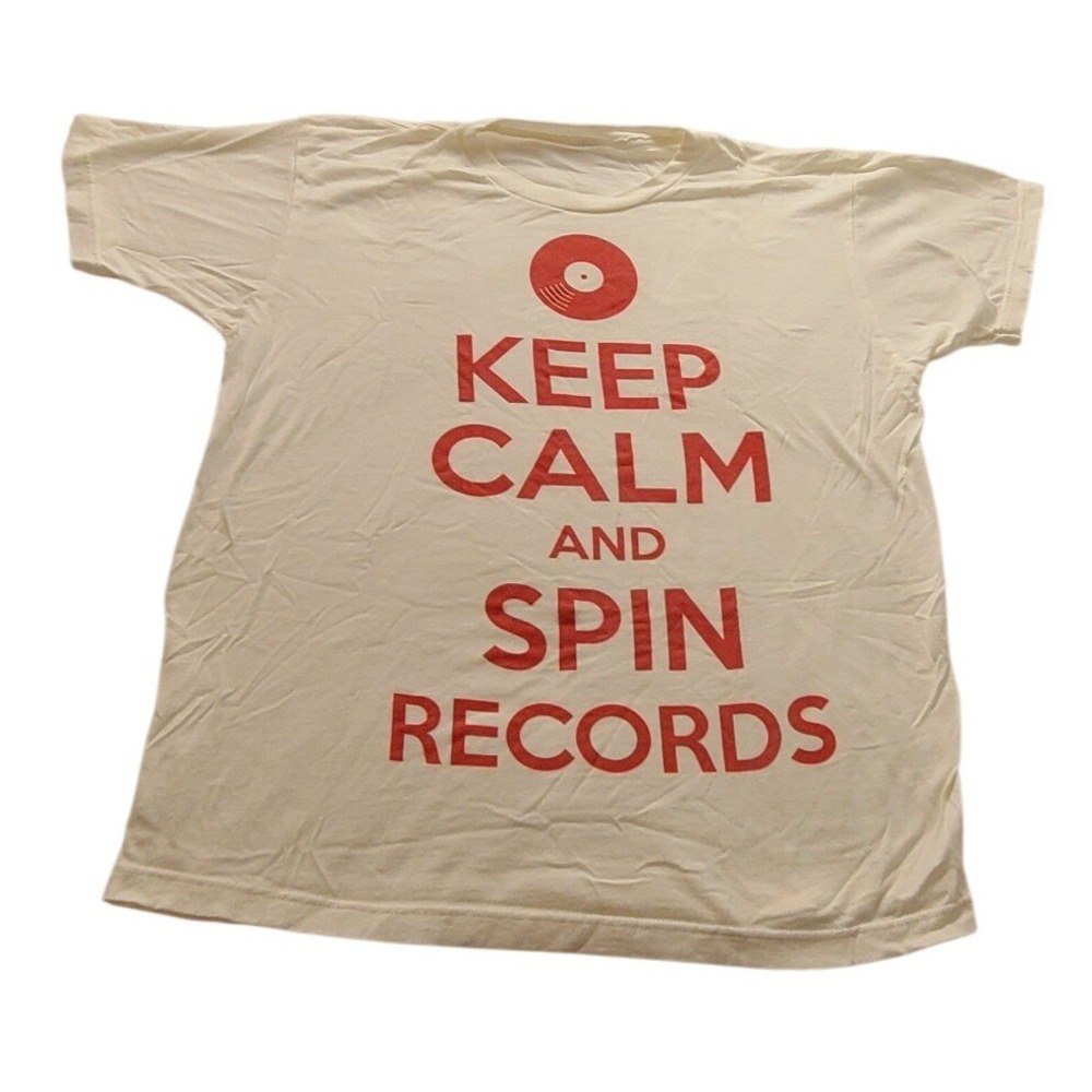 Keep Calm and Spin Records Vinyl Graphic T-Shirt Cream Red Men's L Short sleeve